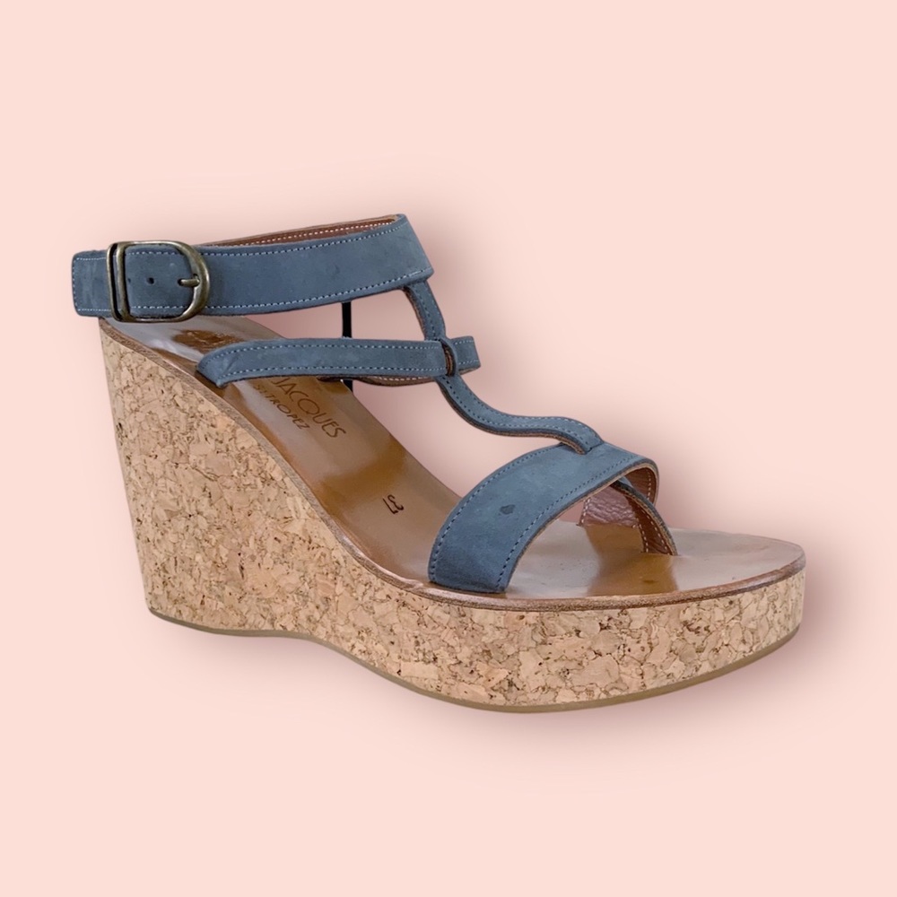 K. JACQUES Women’s Size 37 EU Sandal Cork Wedge Platform Heel Shoes Leather Blue